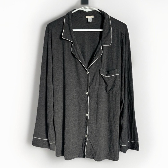 Eberjey Gisele Button Down Long Sleeve Modal Pajama Top XL Gray White Collared - Picture 1 of 12